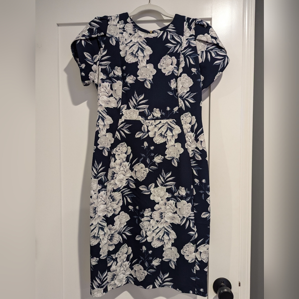 Calvin Klein Floral Print Short Puff Sleeve Scuba Crepe Sheath Dress